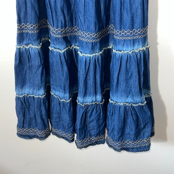 Lapis Anthropologie Tiered Smocked Denim Maxi Peasant Prairie Boho Dress Sz M - Picture 8 of 15